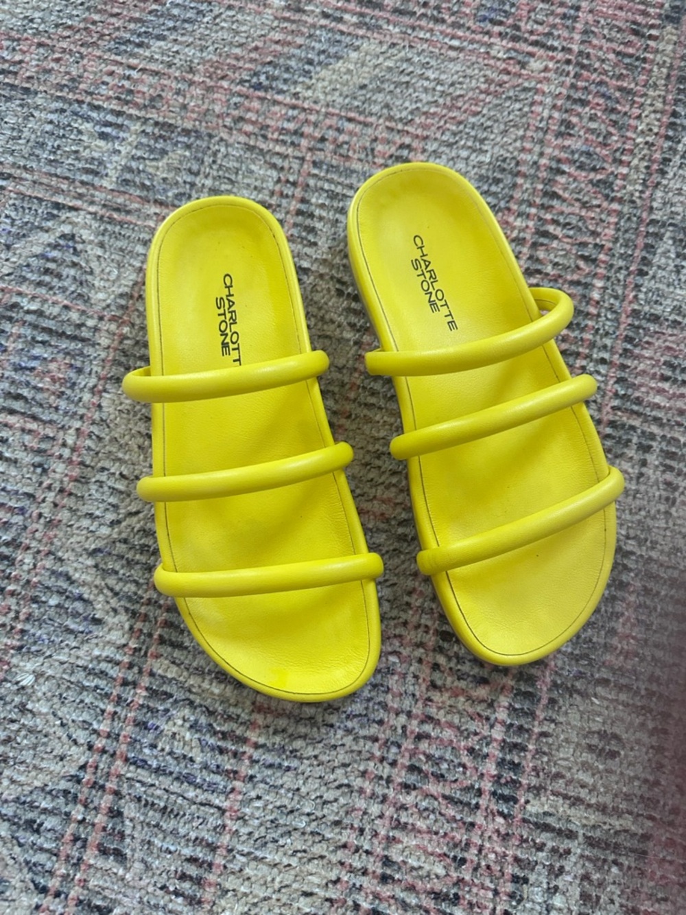 Charlotte Stone Bright Yellow Triple-Bar Slide Sandals